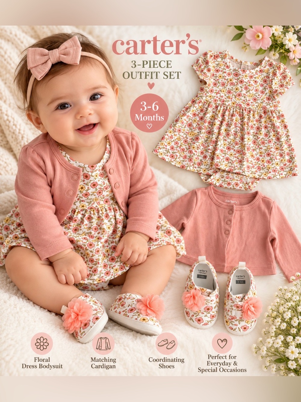 Carter’s Baby Girl 3-6M Floral Dress Bodysuit Cardigan Shoes 3-Piece Set